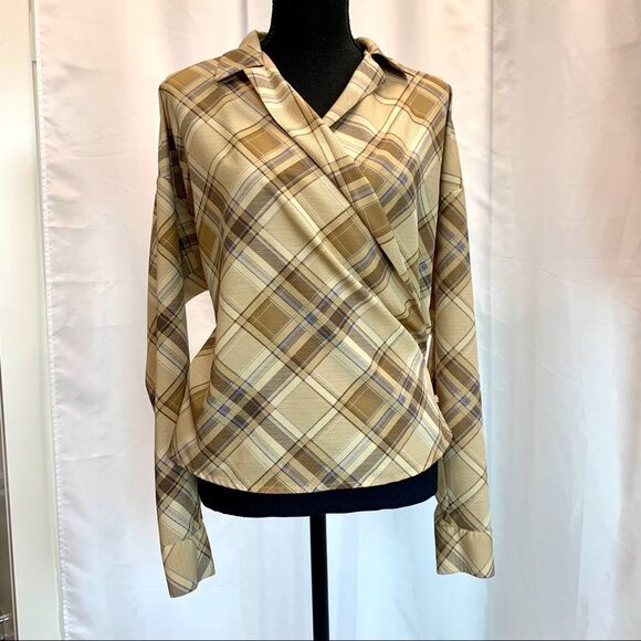 LAUREN Ralph Lauren tan brown plaid check wrap blouse Sz S - Picture 3 of 12